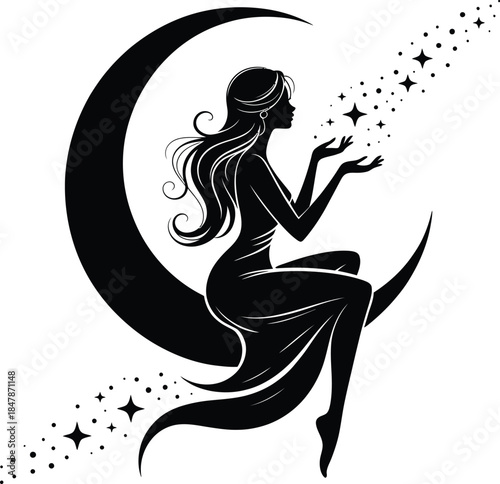 Serene woman silhouette on crescent moon emitting stars on transparent background draw