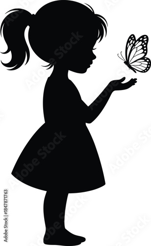 Silhouette illustration of girl looking at butterfly on transparent backdrop