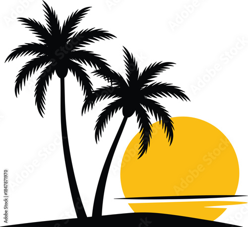 Silhouette illustration of two palm trees with sun setting on transparent backdrop