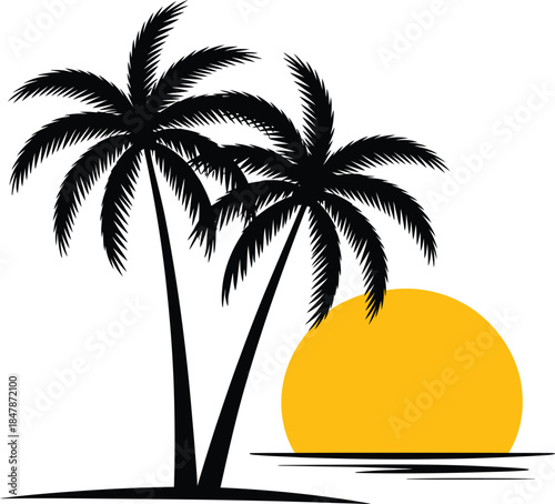 Silhouette illustration of two palm trees with sun setting on transparent backdrop