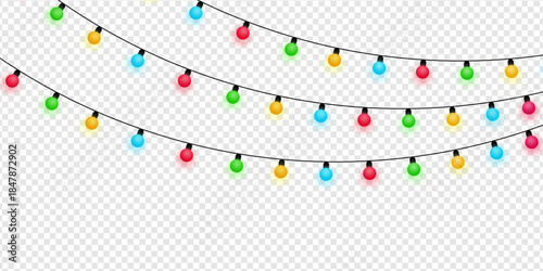 glowing lights on transparent background. Garlands with colored bulbs.