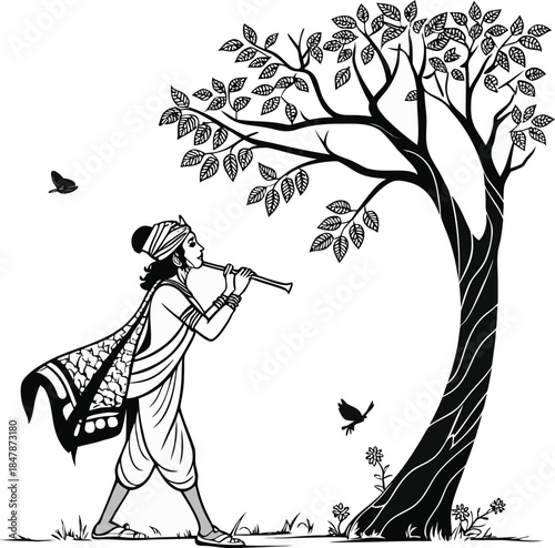 A traditional indian figure playing a melodious flute under a large, leafy tree in a serene natural setting