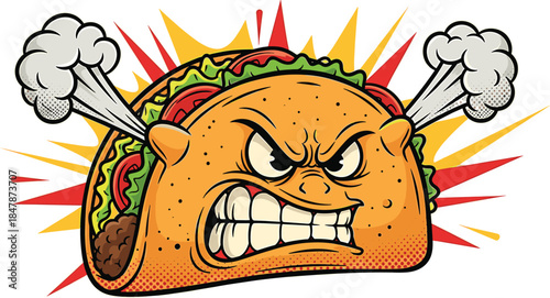 Angry taco cartoon character with steam from ears. Mexican food mascot clenching teeth