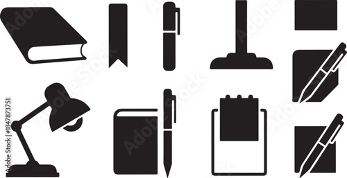 Black office supplies and stationery icons on white background
