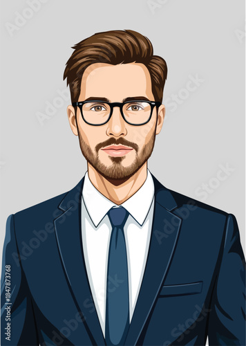 055-44-Professional businessman cartoon character wearing suit, tie, and glasses on a plain grey background