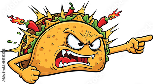 Aggressive taco cartoon character pointing. Mexican food mascot with fiery hot chili peppers