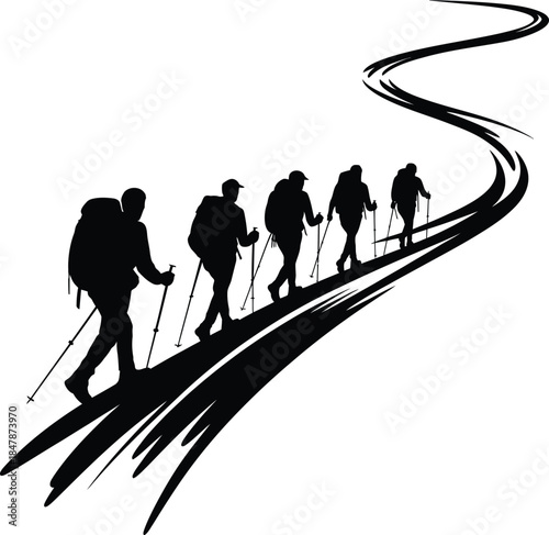 Silhouette of hiking group trekking uphill symbolizing adventure and exploration