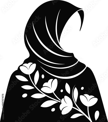Silhouette Of Muslim Woman In Hijab With Flowers Design Vector On Transparent Backdrop