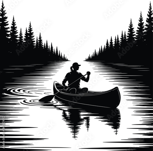Silhouette of person in canoe rowing on lake with trees vector nature travel
