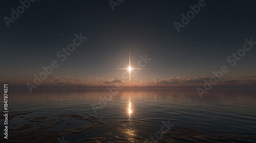 The Sun shimmering above the tranquil ocean, casting its golden rays upon the water