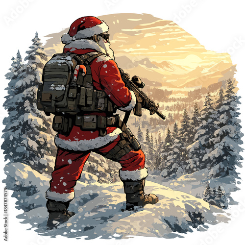 Tactical Santa: Holiday Warrior Examining a Snowy Landscape with Resolve – Ultra-Detailed, Cinematic Light Artwork