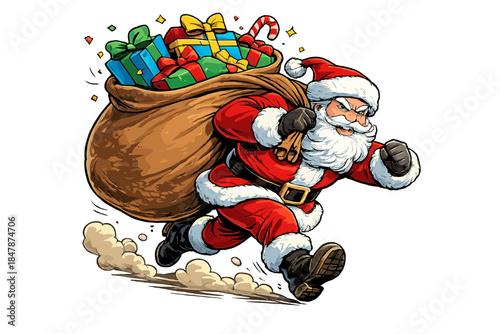 A high‑resolution  with a transparent background depicts a lively, intricately drawn comic‑book Santa sprinting forward, his massive sack brimming with Christmas presents slung over his shoulder