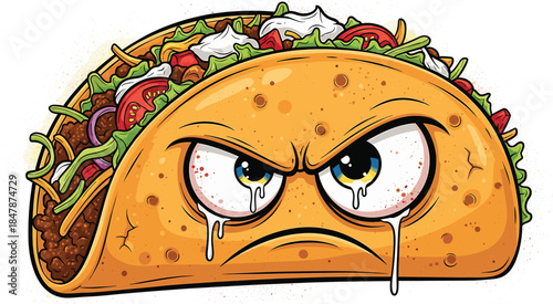 Sad taco cartoon character crying. Mexican food mascot with teary eyes on transparent background