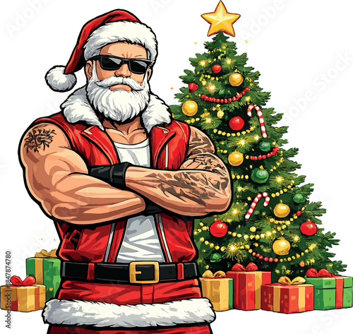 Modern Rugged Santa: A Photorealistic, Mighty Christmas Hero Facing a Festive Tree