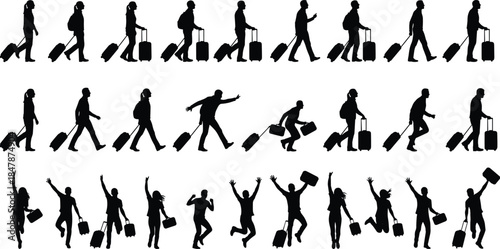 Group of black silhouette travelers walking running and jumping with luggage suitcases isolated on white background for summer vacation trip.