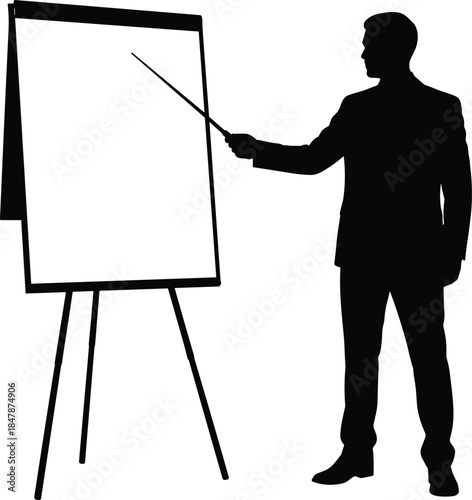 Black silhouette of businessman presenting on blank whiteboard easel with pointer stick isolated on white background for corporate training seminar.
