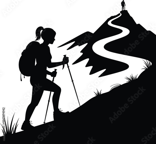Silhouette of Woman Hiking Up Mountain Trail Black and White Vector Illustration