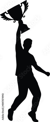 Black silhouette of man holding winner trophy cup high in one hand celebrating victory and success isolated on white background.
