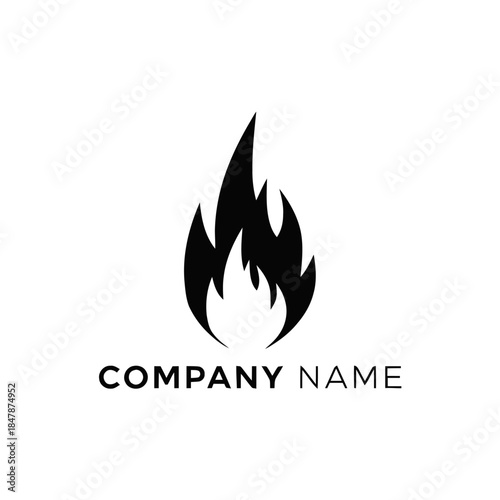 Minimalist black flame logo design for company branding.