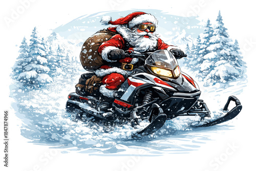 Bold Santa: Highly Detailed Illustration of a Fearless Santa Cruising a Snowmobile Across a Wintry Scenery, Beard Covered in Snow