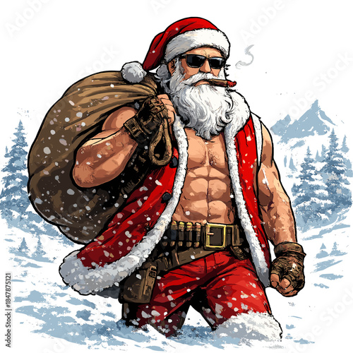 Ultra-realistic, rugged Santa spreads resilient holiday cheer across a snowy landscape