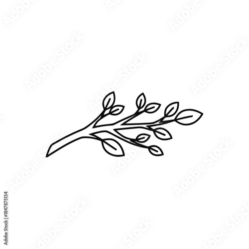 Minimalist Line Art Drawing of a Delicate Tree Branch with Leaves.