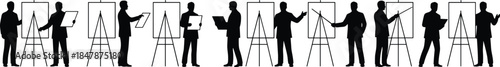 Set of black silhouette businessmen presenting on easel whiteboards, male figures standing isolated on white background for corporate business presentation.