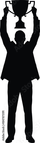 Black silhouette of successful businessman holding winner trophy cup high above head, celebrating victory and achievement isolated on white background.