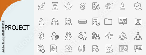 project management and teamwork icons, clean line vector set