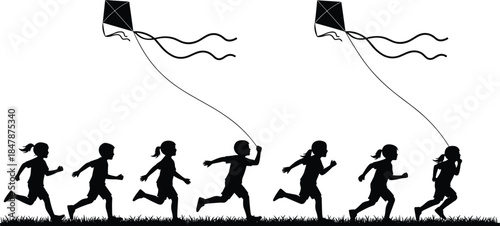 Black silhouette of happy children running and playing with kites on grass field, childhood summer outdoor fun activity on white background.