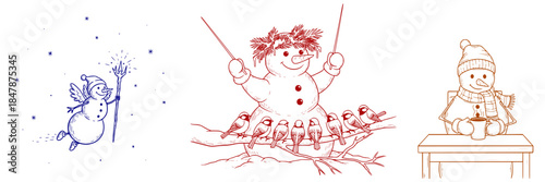 Vector set - Magical Snowmen: Snowman illustrations with festive elements in colorful designs  