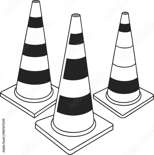 Three black and white traffic cones on square bases