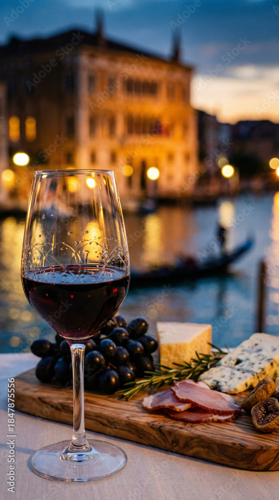 Naklejka premium Luxury wine and charcuterie on a Venetian canal terrace at sunset