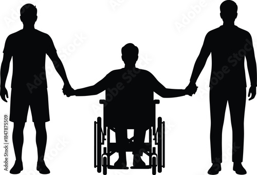 Silhouette of three men holding hands, one disabled in wheelchair, symbolizing support, friendship, inclusion, teamwork and togetherness isolated on white background