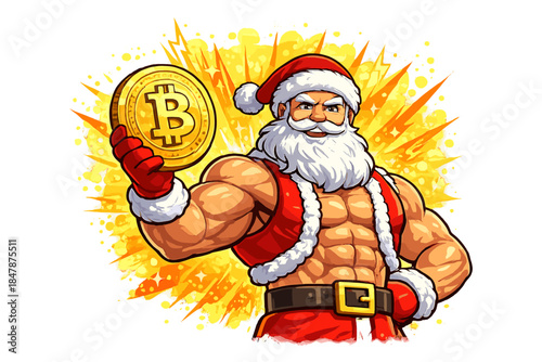 Fit Santa Claus grips Bitcoin in front of a lively backdrop