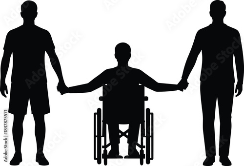 Silhouette of three men holding hands, one disabled in wheelchair, symbolizing support, friendship, inclusion, teamwork and togetherness isolated on white background