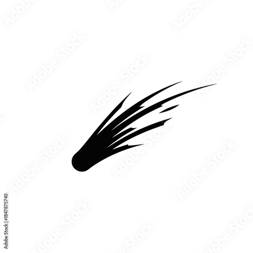 Stylized black comet or meteor streaking across a white background.
