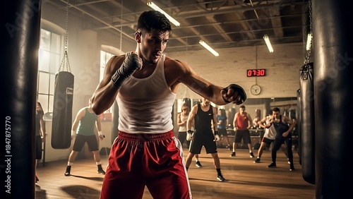 Man practicing boxing in a gym with other people