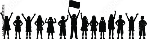 Group of Happy Children Silhouettes Cheering with Arms Raised, One Child Holding a Flag, Representing Youth Leadership, Victory, Teamwork, and Childhood Joy Vector Graphic