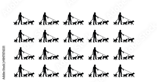 Dog Walker Silhouette Black and White Repetitive Pattern, A Person Walking Three Cats and Dogs on Leashes, Pet Care and Animal Companionship Concept Background Graphic