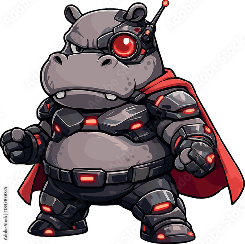 A red, cyberpunk superhero hippo with a big eye stands in a full-body pose, looking angry and fat