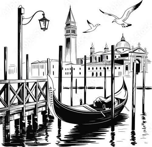 Venice city with gondola and historical architecture line art on transparent background