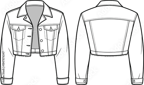 Cropped denim jacket flat sketch, technical CAD drawing, vector illustration, fashion garment design, frayed hem, button closure, chest pockets, apparel detail
