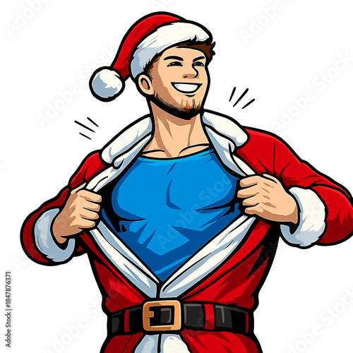 The young Santa Claus tears his shirt over his chest like a superhero, the man in the Santa hat