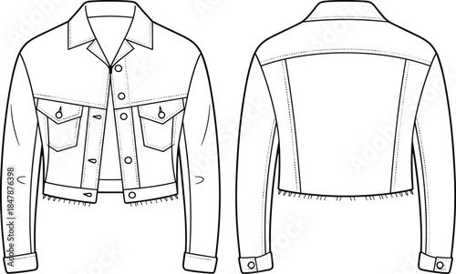 Cropped denim jacket flat sketch, technical CAD drawing, vector illustration, fashion garment design, frayed hem, button closure, chest pockets, sleeve cuffs