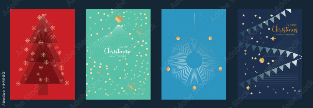 Fototapeta premium Merry Christmas and Happy New Year vector greeting card set. Elegant holiday backgrounds with geometric Christmas trees, stars, snowflakes and gold line art for invitations, posters and banners.