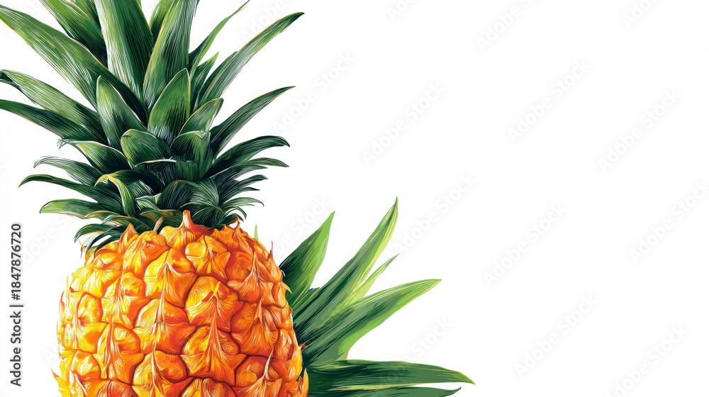 Fototapeta premium Fresh pineapple fruit with green leaves on white background copy space