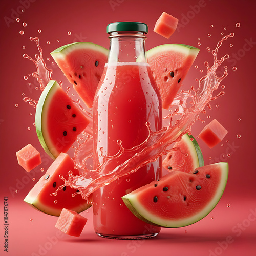 Tall, clear glass bottle of watermelon juice with a black cap surrounded by dynamic swirling red liquid and floating sliced watermelons against bright red light background 