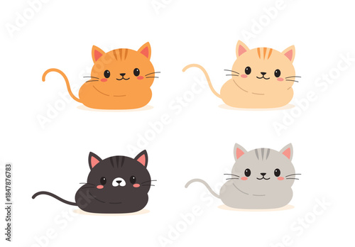 Cute cat characters set. Adorable cartoon kittens lying down in different colors, orange, beige, black, and grey. Sweet feline pet vector illustration for kids.