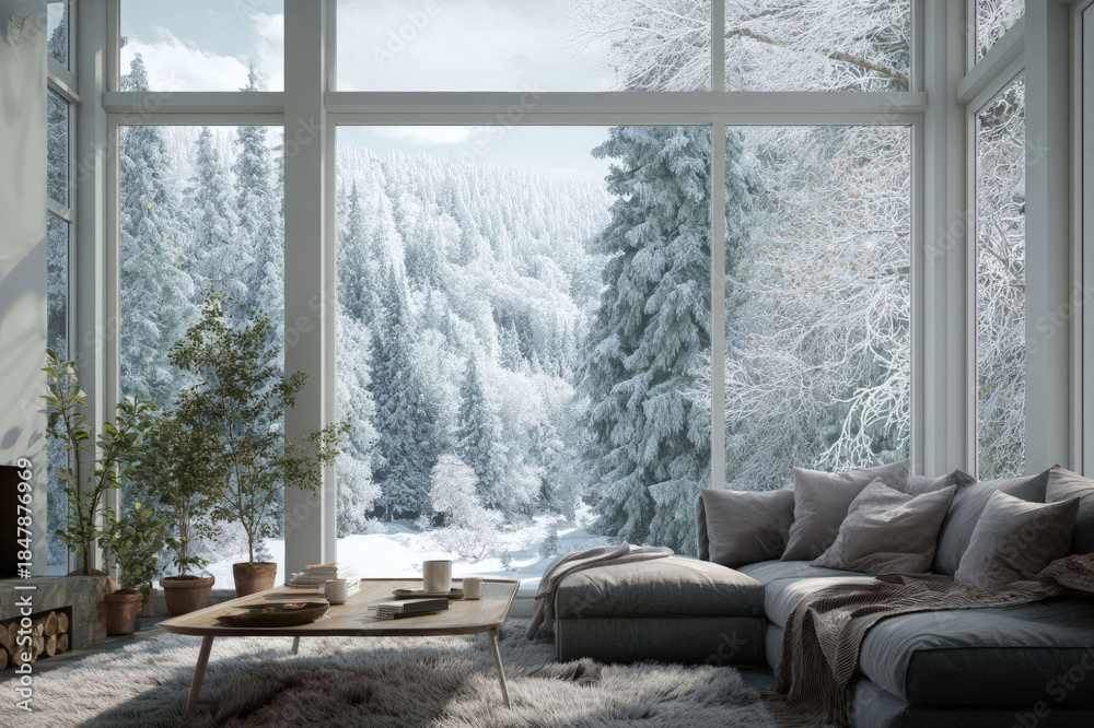 Obraz premium Cozy living room with large windows overlooking a snow-covered forest landscape, digital background for ms teams, digital background
